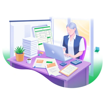 A property manager sits at a wooden desk cluttered with various papers and documents. The manager, a middle-aged person wearing a professional outfit, is focused on a laptop displaying a spreadsheet with figures. Scattered across the desk are stacks of invoices, a calculator, and a notepad filled with handwritten notes. A cup of coffee sits on one side, and a potted succulent adds a touch of greenery to the workspace. Sunlight streams through a nearby window, illuminating the scene and creating a productive atmosphere.