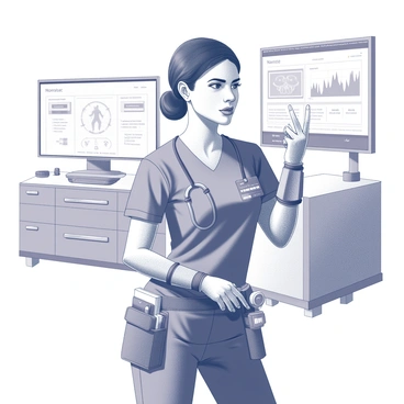 A nurse is standing confidently in a modern healthcare facility. She wears a sleek, fitted uniform with multiple pockets designed for holding advanced tech gadgets. Her right arm is equipped with a high-tech wrist device displaying patient data, while her left hand holds a handheld diagnostic tool. Around her waist, a utility belt holds various medical instruments and smart devices. The background features futuristic medical equipment and large screens displaying vital signs and health analytics. The nurse's expression is focused as she engages with the technology, embodying the essence of healthcare innovation.