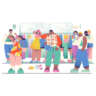 A trendy clothing swap event is taking place in a spacious room filled with colorful clothing racks. Several people are scattered around, engaging in the activity of trying on different outfits. One woman with curly hair is wearing a stylish, floral dress and holding up a pair of denim jeans to compare. Nearby, a man with short hair is adjusting a vibrant, checkered shirt in front of a full-length mirror. A small group of friends is gathered, chatting and laughing as they browse through a rack of accessories, including hats and scarves. Soft lighting enhances the cheerful atmosphere, with decorations of hanging plants and string lights adorning the walls.