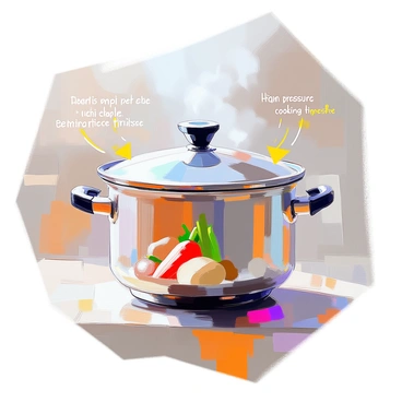 An illustration of a pressure cooker with its lid slightly ajar, demonstrating the release of steam. The pressure gauge on the lid shows a marked increase in pressure. Inside the cooker, colorful vegetables like carrots, potatoes, and green beans are visible, simmering in water. Surrounding the cooker are visual indicators like arrows pointing to rising steam and annotations explaining "high pressure" and "cooking time." The background contains a subtle kitchen setting, with cabinets and utensils.