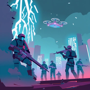 A battlefield filled with soldiers in futuristic armor, engaged in fierce combat. Bright flashes of "lightning" illuminate the scene as it strikes the ground, sending sparks flying. Smoke and debris fill the air, creating a sense of chaos and urgency. In the foreground, a soldier with a rifle takes cover behind a damaged wall, peering out to assess the situation. In the background, a drone hovers above, surveying the chaotic landscape. The sky is dark and stormy, adding to the overall tension of the intense battle.