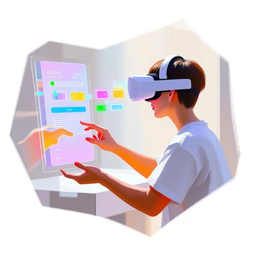 A person wearing a virtual reality headset is actively engaging with a digital payment interface. The user has short brown hair and is dressed in a casual t-shirt. Their hands are extended forward, interacting with floating holographic buttons and icons that represent various payment options. The interface displays bright colors and dynamic graphics, showcasing numbers and transaction details. In the background, there are subtle hints of a futuristic environment, enhancing the immersive experience of virtual reality.