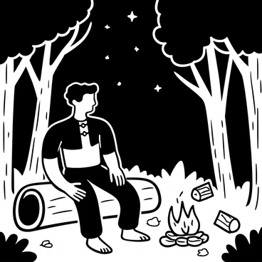 Frankenstein's monster, with a towering and muscular build, is sitting on a log next to a small campfire. The fire flickers with bright flames, casting sharp shadows around the forest clearing. Tall trees surround the clearing, their trunks thick and textured, while scattered leaves cover the ground. The monster is dressed in tattered clothes, with bolts in his neck, and his posture is relaxed as he gazes into the fire. A few logs and rocks lie scattered nearby, and the night sky is visible through the branches above, filled with stars.
