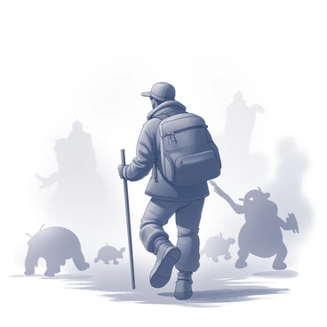 An explorer is walking through a dense fog that envelops the surroundings. The explorer is dressed in rugged, weathered clothing, equipped with a sturdy backpack and a walking stick. Wisps of fog swirl around them, creating a sense of mystery and intrigue. Shadows of various creatures can be seen lurking in the mist, their outlines partially obscured, suggesting movement and life within the fog. The atmosphere is filled with an air of adventure and wonder, as the explorer navigates carefully through this enchanting environment.