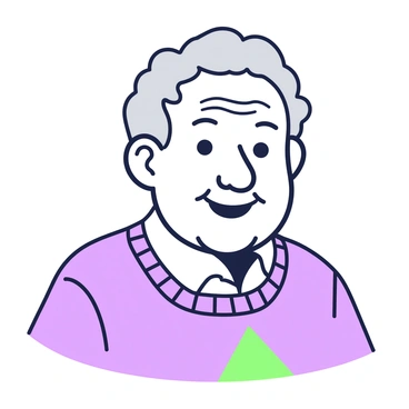 A portrait of an elderly man is displayed, featuring him smiling warmly. He has a full head of gray hair and gentle wrinkles that highlight his kind expression. He is wearing a wool sweater with a simple pattern, which appears cozy and fits him well. The background is softly blurred, focusing attention on his face and the warmth of his smile. His eyes are bright and inviting, conveying a sense of wisdom and a lifetime of experiences.