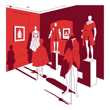 A red museum hall features several mannequins dressed in a variety of historical costumes. Each mannequin is positioned on a white pedestal, showcasing outfits from different eras, including a Victorian dress with intricate lace details, a Renaissance attire with rich fabrics, and a medieval knight's armor that glints under the lighting. The walls of the museum are adorned with framed historical photographs. Soft lighting highlights the textures and colors of the costumes, creating a captivating display for visitors.