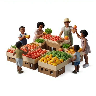 A vibrant farmer's market bustling with activity. Various vendor stalls display a colorful array of fresh produce, including bright red tomatoes, leafy green lettuce, and golden corn. A vendor with a straw hat and a plaid shirt is standing behind a wooden table, smiling as he engages in conversation with a customer. The customer, a woman with curly hair wearing a floral dress, is animatedly discussing the quality of the tomatoes. Nearby, another customer is examining a basket of ripe peaches, while a child is reaching up to touch a bunch of carrots. The scene is lively and filled with warmth, capturing the friendly interactions between vendors and customers.