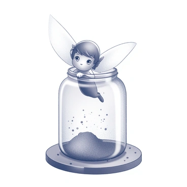 A small fairy is peeking out from inside a glass jar. The jar is transparent and filled with sparkling dust that swirls around the fairy. The fairy has delicate wings that are partially visible above the rim of the jar. She has an inquisitive expression, with her large eyes focused on the outside world. The jar itself is sitting on a wooden surface, with a few scattered specks of dust around it, enhancing the magical atmosphere of the image.