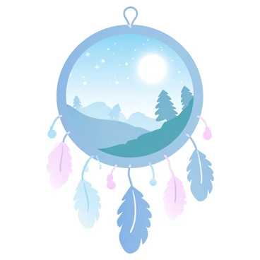 A large "dream catcher" hangs in the center of the image, intricately woven with fine threads. The circular frame is adorned with "colorful feathers" and "shimmering beads" that dangle gently. Inside the dream catcher, various "night scenes" are depicted, including a "starry sky" filled with "twinkling stars" and a "full moon" casting a soft glow. There are silhouettes of "tall trees" against the backdrop of the night. The entire composition showcases a blend of "gentle pastel colors," creating a harmonious visual effect.