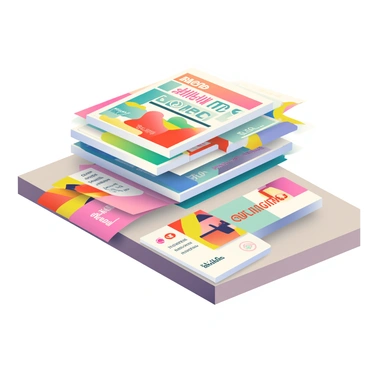 A stack of various print materials is resting on a wooden table. The stack includes colorful flyers with bold graphics on top, followed by a neatly arranged set of brochures featuring vibrant images and informative text. Among them, several glossy business cards are displayed, showcasing different designs and logos. The table has a natural wood texture, and soft lighting enhances the colors of the print materials, creating a visually appealing composition.