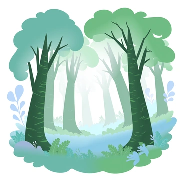 A dense forest filled with tall trees covered in rich green ivy. The trunks of the trees are adorned with a soft layer of moss, creating a lush, textured appearance. Sunlight filters through the leaves, casting gentle shadows on the forest floor. Various shades of green blend together in the underbrush, where small ferns and plants thrive, completing this tranquil woodland setting.