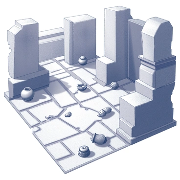 A cracked stone floor within an ancient ruin, featuring uneven surfaces and distinct textures. Scattered across the floor are various artifacts, including fragmented pottery, rusted metal pieces, and remnants of ornate carvings. Shadows cast by the architecture above accentuate the details of the stones and artifacts, creating a sense of depth and history. The atmosphere conveys the remnants of a once-thriving civilization, inviting exploration and discovery.