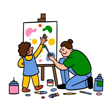 A young child with light skin and curly brown hair is standing in front of a large canvas, energetically painting with bright colors. The child is wearing a blue apron splattered with paint. Nearby, a supportive adult with light skin and short brown hair is kneeling down, smiling encouragingly at the child. The adult is wearing a green t-shirt and denim jeans. The scene is filled with a variety of paint tubes and brushes scattered on the ground, showcasing a vibrant creative atmosphere.
