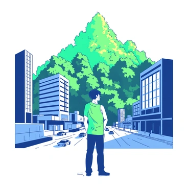 A cityscape with a realistic figure intersected by a lush, illustrated forest scene