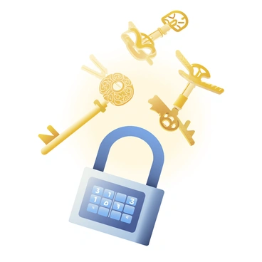 A set of intricate golden keys is floating above a sleek digital lock. The keys are ornate, featuring detailed engravings and various shapes, reflecting light as they hover in the air. The digital lock below has a modern design with a glowing blue keypad and a small screen displaying numbers. The background is softly blurred, emphasizing the keys and lock in the foreground, creating a sharp contrast between the antique gold of the keys and the high-tech appearance of the lock.