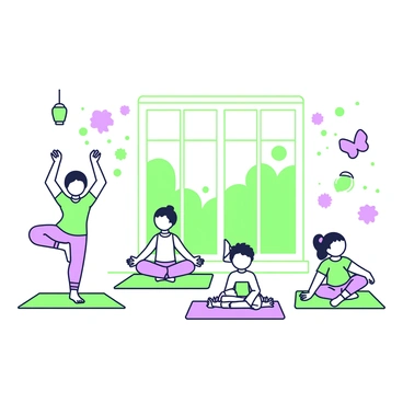 A group of children is engaging in a yoga session inside a bright room. They are positioned on colorful yoga mats, displaying various playful poses such as downward dog, tree pose, and butterfly pose. One child is balancing on one foot while raising their arms high, another is sitting cross-legged with hands on their knees, and a third is lying on their mat in a relaxed position. Sunlight pours in through large windows, illuminating the room, and playful decorations such as paper lanterns and wall art enhance the vibrant atmosphere.