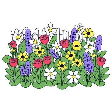 A lush garden filled with a variety of flowers in different colors and sizes, creating a vibrant scene. The flowers include red roses, yellow daisies, purple lavender, and white lilies. Each flower is blooming and arranged harmoniously throughout the garden, showcasing a sense of abundance. Green leaves surround the flowers, providing a fresh contrast. The garden is enclosed by a simple wooden fence, enhancing the community aspect of the space.