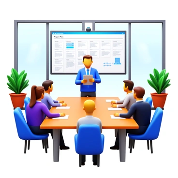 A project manager standing at the front of a modern conference room. The project manager is holding a tablet showing the project plan. A large screen displays a detailed timeline and charts. A diverse group of clients, seated around a glossy wooden table, attentively listening. The clients are taking notes and asking questions. Natural light filters in through large windows, illuminating the space. There are potted plants in the corners of the room.