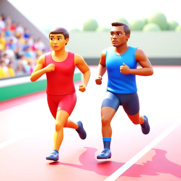 Two athletes in athletic gear, one wearing a red jersey and the other in a blue jersey, are running side by side on a track. They are glancing at each other with determined expressions, their body language conveying support and encouragement. The background shows an outdoor track with spectators in the stands, creating an atmosphere of competition and camaraderie. The sun casts shadows on the track, highlighting the athletes' focused faces as they push themselves to finish the race together.