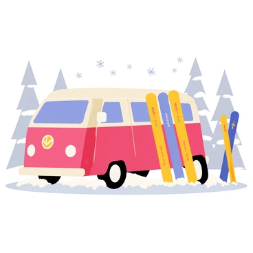 A bright red VW bus is parked in a snowy landscape, surrounded by a thick blanket of white snow. The bus has a classic design with round headlights and a distinctive curved shape. Next to the bus, there are several colorful skis and snowboards leaning against each other in a cheerful arrangement. The skis are in vibrant colors of yellow and blue, while the snowboards feature various graphics. Tall pine trees covered in snow are visible in the background, adding to the winter scenery. Soft snowflakes are falling gently from the gray sky above, creating a cozy winter atmosphere.