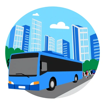 A bright blue bus is driving down a busy city street. The bus is modern with sleek lines and large windows. Surrounding the bus, there are towering skyscrapers of various designs, some featuring glass facades that reflect the sunlight. The street is bustling with people walking along the sidewalks and a few cars parked at the curb. Above, the sky is clear with a few fluffy clouds. The scene captures the energy of city life, highlighting the contrast between the bus and the impressive architecture of the skyscrapers.