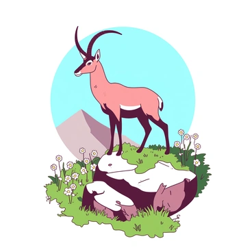 A teal ibex stands proudly atop a rocky outcrop, its majestic horns curving elegantly. The landscape around the ibex is filled with a variety of blooming alpine flowers in vibrant colors. The flowers include patches of white and yellow blossoms that sway gently in a light breeze. The sunny spring day casts soft shadows on the ground, highlighting the textures of the rocky terrain beneath the ibex. In the background, a clear blue sky stretches overhead, completing the picturesque scene.