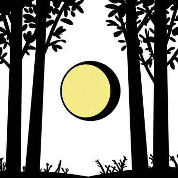 A solar eclipse occurring in a dense forest, with tall trees silhouetted against the sky. The sun is partially obscured by the moon, creating a crescent shape visible through the gaps between the branches and leaves. Sunlight filters through the canopy, casting intricate shadows on the forest floor. The atmosphere is still, with a sense of anticipation among the trees as the eclipse unfolds.