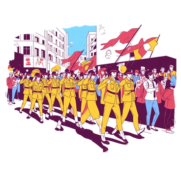 A group of soldiers in bright uniforms is marching in a city parade, showing a strong sense of pride and discipline. The soldiers are positioned in neat rows, and they are saluting as they move forward. Colorful flags are waving energetically in the breeze, held high by members of the parade. The background is filled with a large crowd of cheerful spectators, clapping and holding signs of support. The atmosphere is lively, with some people wearing festive clothing and hats, while others are capturing the moment on their cameras.