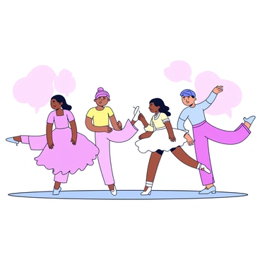 A ballet scene featuring several dancers performing on a stage. Each dancer is wearing flowing, light-colored costumes that appear delicate and airy. The dancers are in various poses showcasing grace and elegance. The background includes soft, abstract shapes that suggest movement without detailing specific elements. The overall atmosphere conveys a sense of fluidity and harmony in the dancers' movements.