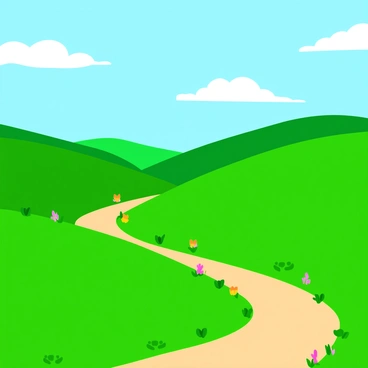 Rolling hills that have smooth, curved shapes resembling the keys and body of a grand piano. The hills are covered with lush green grass and occasional wildflowers that add pops of color. In the foreground, a winding path gently flows along the hills, leading the viewer's eye through the landscape. The sky above is bright blue with fluffy white clouds, casting soft shadows on the hills. In the distance, there are more hills layered behind the main ones, creating depth and a sense of tranquility.
