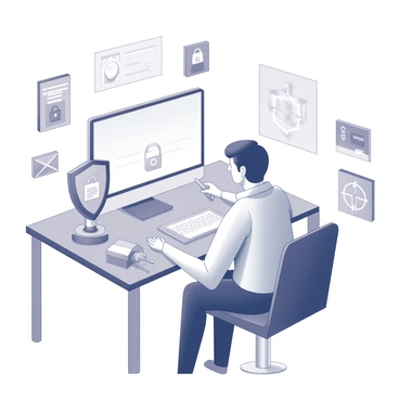 A person seated at a desk, focused on a computer screen. The individual is holding a shield in one hand, which features symbols representing data protection laws, such as a padlock and a key. Surrounding the person are various digital graphics, including icons of documents, security symbols, and network diagrams. The workspace has a modern design, with an organized layout that emphasizes technology and data security themes.