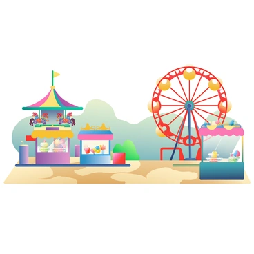 A silent fairground features a variety of colorful rides and stalls. In the foreground, a bright red Ferris wheel with yellow accents stands tall against the sky. To the left, a vibrant carousel with intricately painted horses is adorned with twinkling lights. Several game stalls line the pathway, each painted in different hues of blue, pink, and green, showcasing plush toys and prizes. A food stand with a bright yellow awning displays colorful cotton candy and popcorn in clear containers. The ground is covered with a mixture of tan dirt and patches of green grass, creating a natural setting amidst the cheerful attractions. The atmosphere conveys a sense of peacefulness, as the fairground awaits the arrival of visitors.