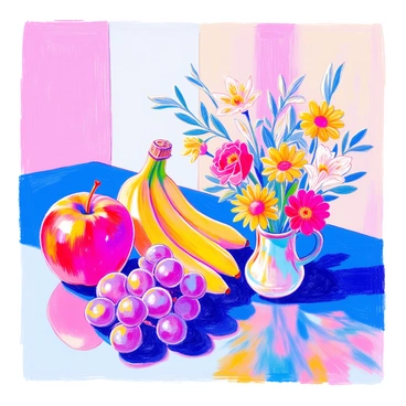 A still life arrangement features a vibrant assortment of fruit including a glossy red apple, a bunch of yellow bananas, and a cluster of purple grapes. Beside the fruit, there is a small vase filled with assorted flowers, showcasing bright red roses, sunny yellow daisies, and delicate white lilies. The background is softly blurred, allowing the colors of the fruit and flowers to stand out prominently, creating a lively and harmonious composition. The tabletop is smooth and reflects the image slightly, adding depth to the scene.