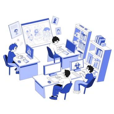 A bustling animation studio with artists collaborating and computers displaying animations