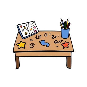 A school desk made of light wood with various colorful stickers and doodles scattered across its surface. The stickers feature different shapes, including stars, hearts, and cartoon characters, all in vibrant colors like red, blue, and yellow. Doodles drawn in black ink depict playful designs such as swirls, smiley faces, and zigzag lines. There is a bright blue pencil holder filled with colorful pens and pencils on one side of the desk, and an open notebook with scribbles can be seen on the corner. The setting is bright, suggesting a lively classroom atmosphere.