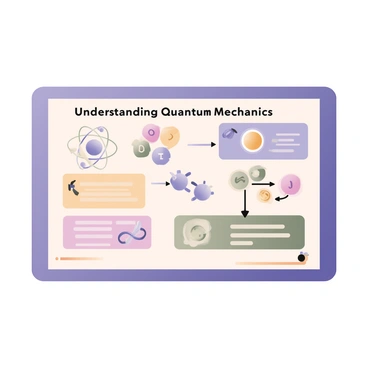 A digital flat illustration depicting an infographic slide focused on explaining a complex topic. The slide features a large title at the top reading "Understanding Quantum Mechanics" in bold, clear font. Below the title, there are multiple sections divided by colorful borders, each containing distinct visual elements. 

One section has a simple diagram of an atom, showing protons, neutrons, and electrons. Next to it, there's an illustration of a wave-particle duality concept, represented by a wave pattern and a particle icon. 

Another section includes a flowchart outlining key principles, such as superposition and entanglement, with arrows connecting each principle. There are icons for each principle, like overlapping circles for superposition and linked rings for entanglement. 

At the bottom, a small legend explains the color coding used throughout the slide. The overall color scheme features blues, greens, and yellows, providing a clean and engaging look.
