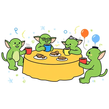A group of gremlins having a tea party with colorful cups and snacks.