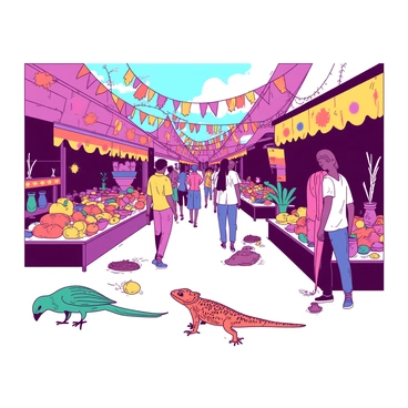 A vibrant marketplace with stalls selling exotic goods and unusual creatures browsing