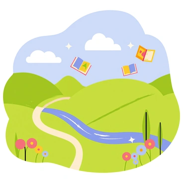 A landscape featuring rolling green hills under a bright blue sky. Fluffy white clouds drift lazily by, and various colorful books float gently in the air, some open to reveal vibrant illustrations. The scene invites exploration, with a winding path leading through the hills, surrounded by whimsical flowers of different shapes and sizes. In the distance, a sparkling river winds its way through the landscape, reflecting the soft sunlight.