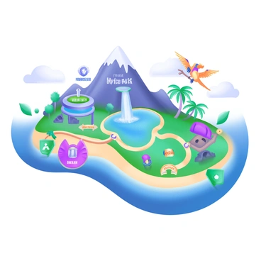 A colorful, illustrated map of a fictional island with landmarks and creatures