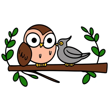 An owl with large, round eyes and a mottled brown and white feathers sits on a sturdy branch. Next to it, a cuckoo with sleek gray feathers and bright yellow eyes perches closely. The owl appears wise and contemplative, while the cuckoo looks curious and attentive. They are positioned side by side, with their heads slightly tilted towards each other as if engaged in an earnest conversation. The background features lush green leaves framing the scene, suggesting a tranquil forest setting.