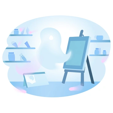A ghost is standing in a dimly lit studio, surrounded by various art supplies scattered on wooden shelves. The ghost is translucent, with a flowing form that suggests movement as it creates. In front of the ghost, a large canvas stands on an easel, displaying an unfinished portrait. The ghost is holding an invisible brush, raised in mid-stroke. Soft shadows are cast around the studio, enhancing the atmosphere of mystery. The walls are adorned with various paintings, and a gentle glow from an unseen light source adds a subtle gradient of pastel colors to the scene.