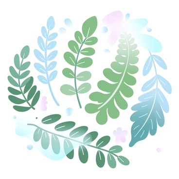 A collection of various species of ferns displayed in an elegant arrangement. The ferns have different shades of green, with some featuring intricate leaf patterns and textures. The background features a soft gradient of pastel colors that subtly enhance the vibrant greens of the ferns. Each fern is positioned to showcase its unique form, creating a harmonious composition that draws the viewer's eye across the image.