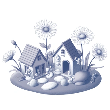 A small fairy garden is situated in a lush green space. It features miniature houses made of twigs and leaves, adorned with tiny doors and windows. Delicate fairy figurines are positioned around the garden, some sitting on rocks or perched on the edges of flower petals. The garden is surrounded by blooming aster flowers, their petals open wide and displaying intricate details. The scene captures a vibrant atmosphere filled with life, where the fairies appear to be engaged in playful activities among the flowers.