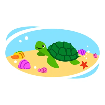 The ocean floor is covered with soft, sandy textures and dotted with colorful seashells in various shapes and sizes. A few starfish are scattered across the sand, showcasing bright reds and oranges. In the foreground, a friendly sea turtle glides effortlessly through the water, its shell displaying intricate patterns and colors. Bubbles rise around the turtle, adding a sense of movement to the serene underwater scene.