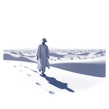 A figure of a man, Professor Shonku, is trekking through a vast desert landscape. He is wearing a wide-brimmed hat and a light, flowing robe that billows slightly in the wind. The sun is high in the sky, casting sharp shadows and highlighting the contours of the dunes around him. Each step he takes leaves distinct footprints trailing behind him in the fine sand, leading back to a distant horizon. The vast expanse of the desert stretches endlessly, with undulating sand dunes creating a rhythm across the landscape. In the background, there are occasional sparse patches of lifeless vegetation.