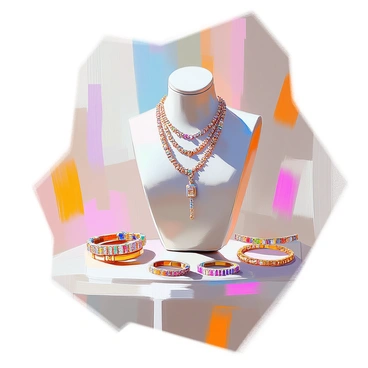 A display featuring a mannequin bust gracefully adorned with an array of necklaces and bracelets. The necklaces are layered elegantly around the neck, showcasing various designs including sparkling gemstones, intricate metalwork, and colorful beads. The bracelets are arranged artistically on the arms of the bust, highlighting contrasting textures and colors, from delicate chains to bold cuffs. The mannequin itself is positioned against a simple backdrop that allows the jewelry to stand out prominently.