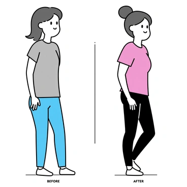 An illustration divided into two sections showing the "before" and "after" effects of regular face pull exercises on posture. In the "before" section, a person is depicted slouching, with rounded shoulders and a forward head position. The individual is wearing a plain grey shirt and blue jeans, standing on a simple white background. In the "after" section, the same person is shown with improved posture, standing upright with straight shoulders and a neutral head position. They are wearing a vibrant red shirt and black pants, and a subtle smile is present on their face, indicating confidence. Each section clearly outlines the contrasting postures and highlights the positive impact of the exercises.
