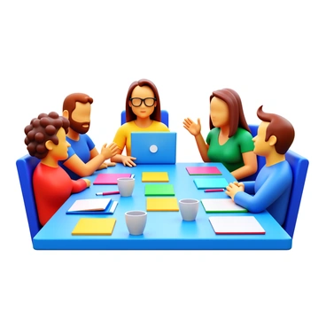 A diverse team of five individuals brainstorming ideas for a video project. They are gathered around a large, rectangular table covered with colorful sticky notes, notebooks, and a laptop. Each person is engaged in discussion, with one person gesturing enthusiastically. The group includes a woman with curly hair wearing glasses, a man with short hair and a beard, a woman with long straight hair, a man with a buzz cut, and a person with dyed hair, all contributing ideas. There are coffee mugs and pens scattered across the table, creating a lively and collaborative atmosphere.