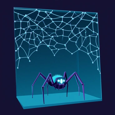 A dark corner of a room, filled with intricate spider webs that glisten with dew droplets. The webs form complex patterns, stretching from the wall to the ceiling. In the center of the webs, a large spider with glossy black legs and a round, hairy body waits silently. Its eyes reflect faint light, creating an eerie effect. The surrounding shadows deepen the atmosphere, enhancing the sense of stillness in this hidden space.